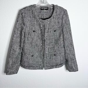 Karl Lagerfeld Blazer Women 12 Tweed Jacket Black White Fringe Trim